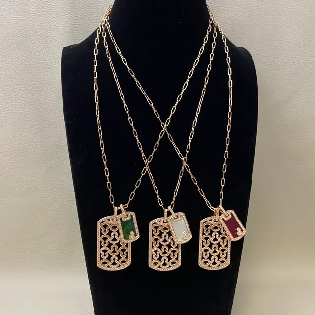 Gold Green Dog-Tag Silhouette Filigree Openwork Necklace 2