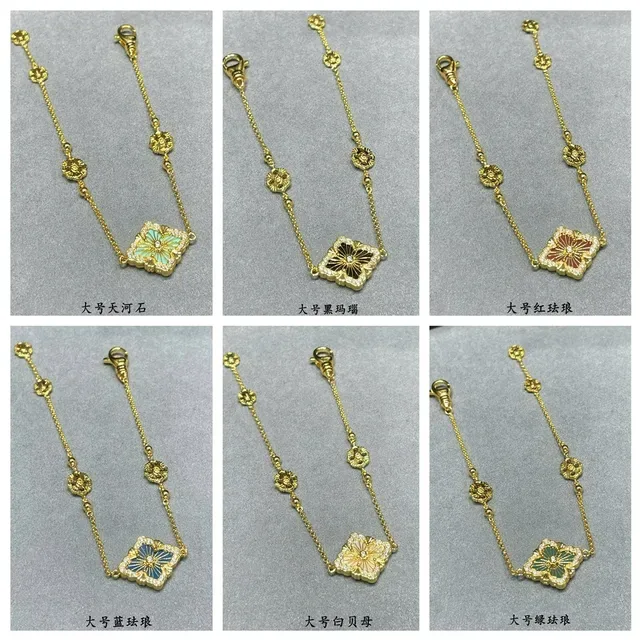 Gold Green Floral Quatrefoil Pendant Enamel Or Stone Inlay Necklace 11