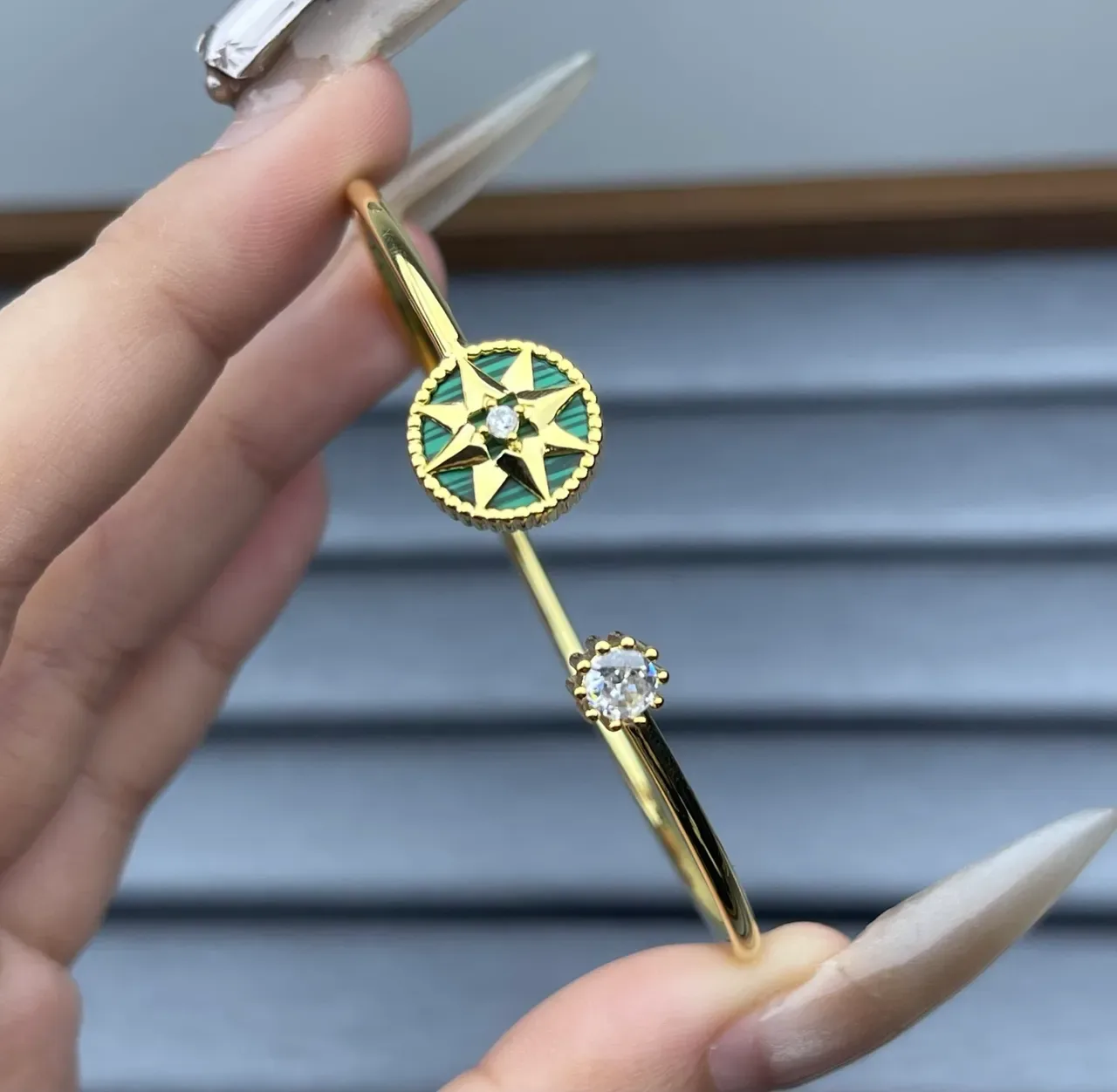 Gold Green Open-Cuff Enamel Compass Motif Jewelry 4