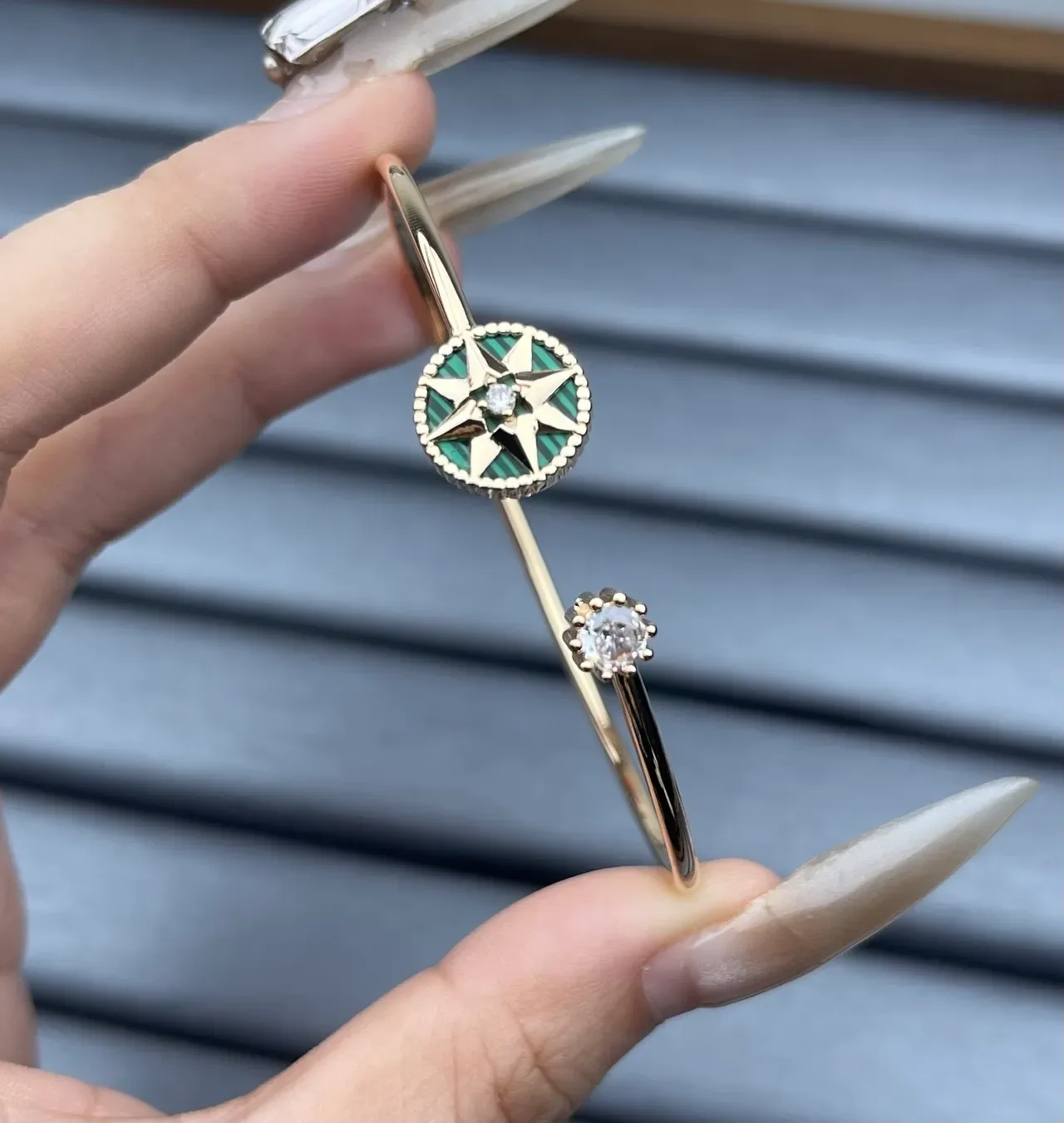 Gold Green Open-Cuff Enamel Compass Motif Jewelry 5