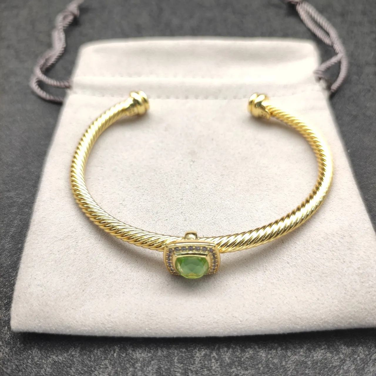 Gold Green Twisted Rope Cable Band Square Bezel Setting Bracelet 6