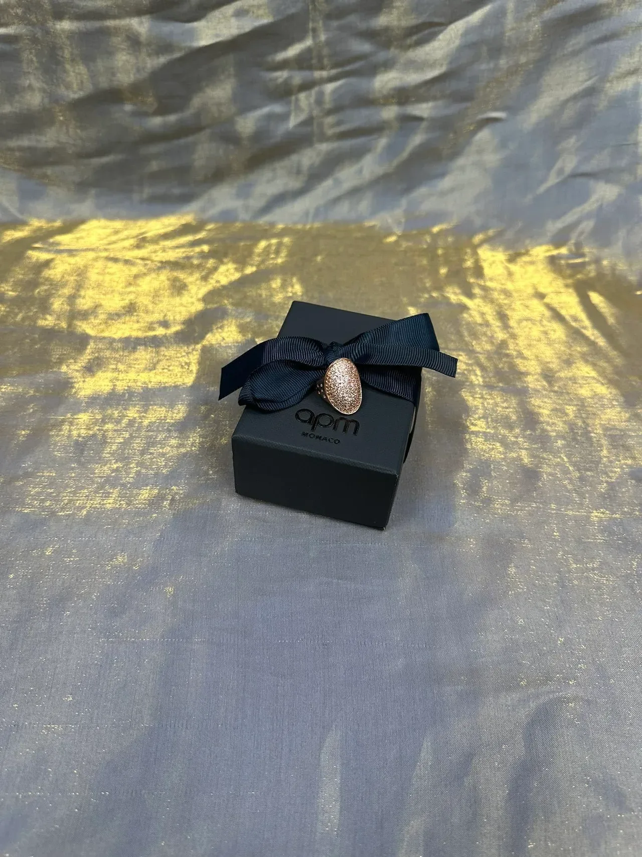Gold Navy Oval Pavé Metal Ring 6