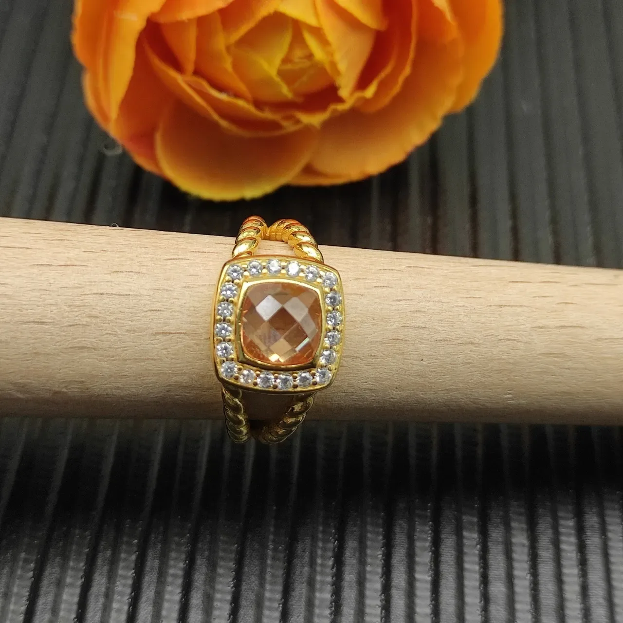 Gold Orange Twisted Band Cushion-Cut Gemstone Ring 3