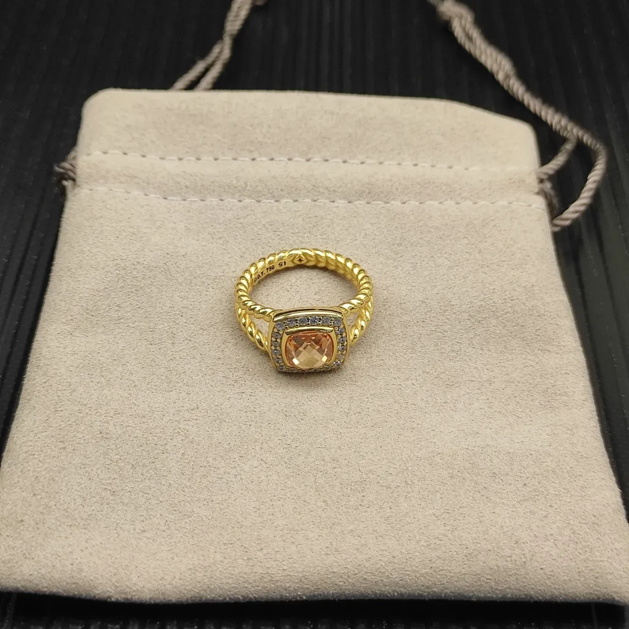 Gold Orange Twisted Band Cushion-Cut Gemstone Ring 4