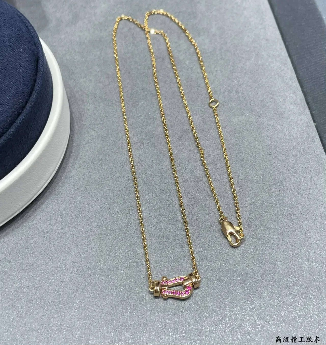 Gold Pink Chain Pavé Gemstone Pendant Necklace 7