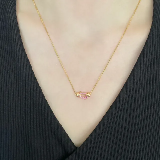 Gold Pink Chain Pavé Gemstone Pendant Necklace 9