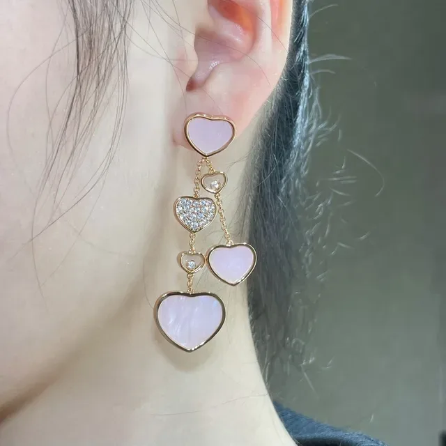Gold Pink Multi-Heart Dangle Metal Earrings 9