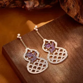 Gold Purple Gourd-Shaped Fish Motif Earrings