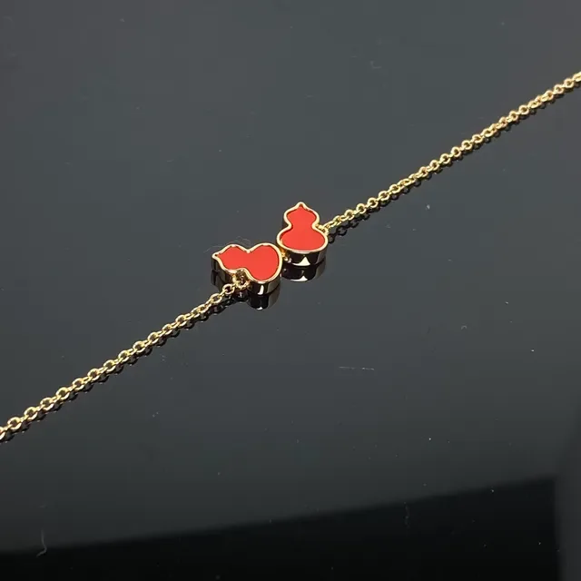 Gold Red Chain Enamel Gourd And Heart Charms Bracelet 6