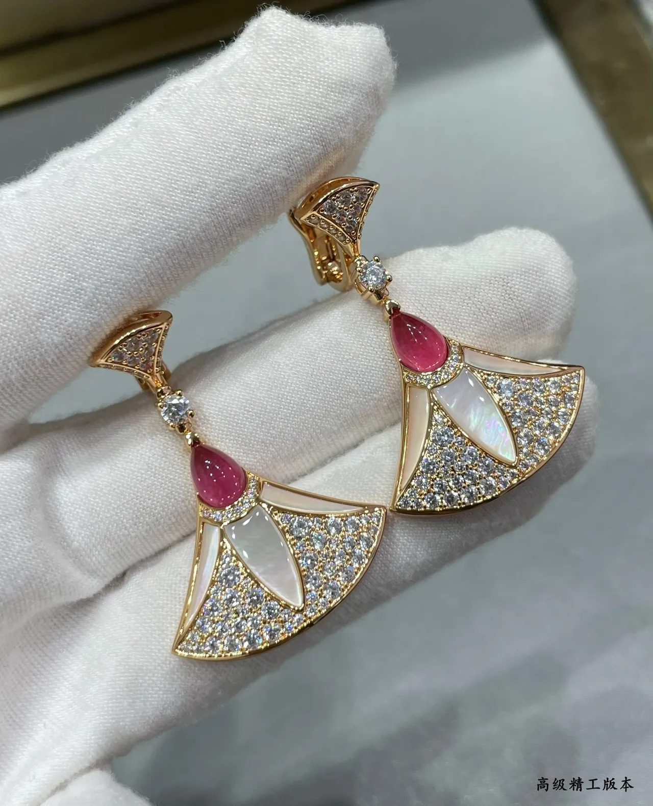 Gold Red Fan-Shaped Pavé Crystal Earrings 5