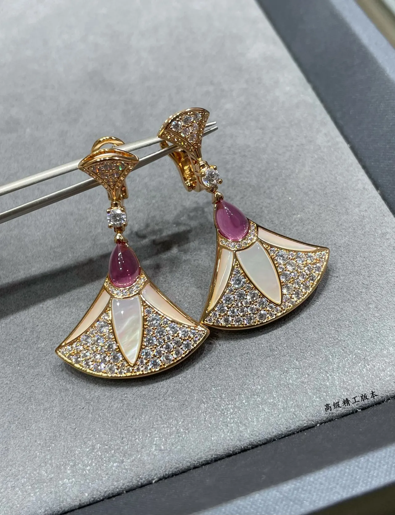Gold Red Fan-Shaped Pavé Crystal Earrings 6