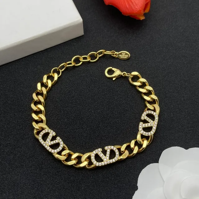 Gold Silver Chunky Curb Chain Pavé-Crystal Logo Charms Bracelet 8