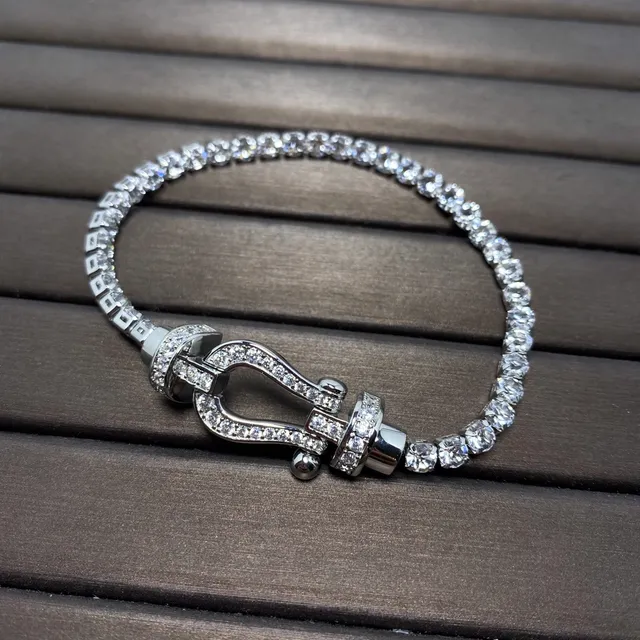 Gold Silver Fully Pave-Set Shackle Clasp Bracelet 2