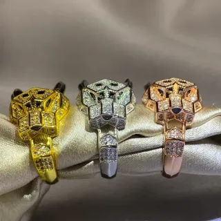 Gold Silver Geometric Panther Head Pavé-Set Crystals Ring