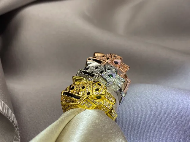 Gold Silver Geometric Panther Head Pavé-Set Crystals Ring 5