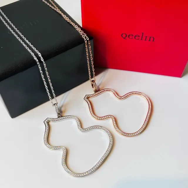 Gold Silver Gourd-Shaped Outline Pavé-Set Stones Necklace 2