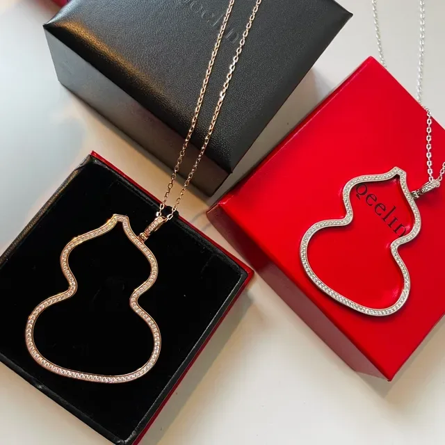 Gold Silver Gourd-Shaped Outline Pavé-Set Stones Necklace 5