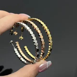 Gold Silver Hexagonal Segmented Band Pave-Set Clear Stones Earrings