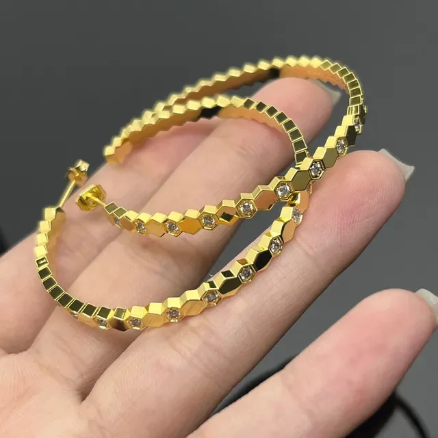 Gold Silver Hexagonal Segmented Band Pave-Set Clear Stones Earrings 2