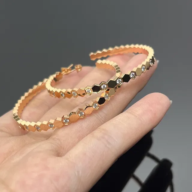 Gold Silver Hexagonal Segmented Band Pave-Set Clear Stones Earrings 3