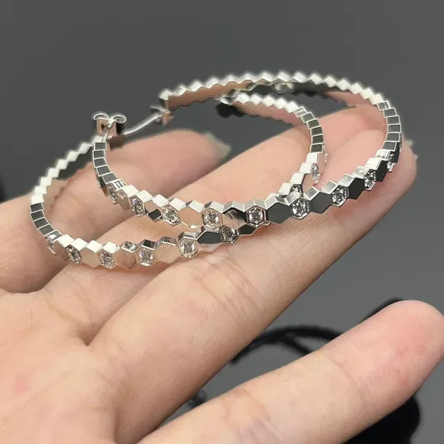 Gold Silver Hexagonal Segmented Band Pave-Set Clear Stones Earrings 4