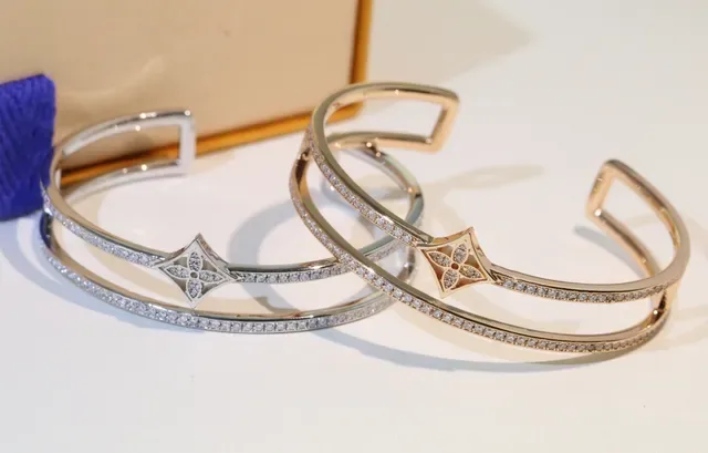 Gold Silver Pavé Crystal Bands Double-Bar Cuff Bracelet 7