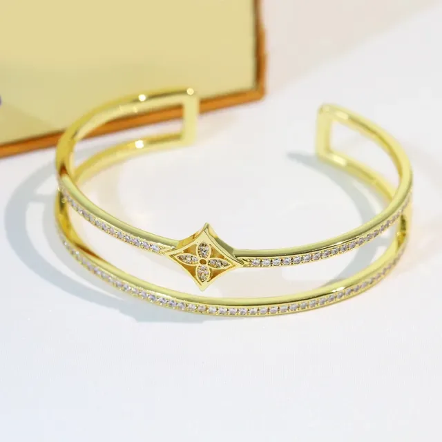 Gold Silver Pavé Crystal Bands Double-Bar Cuff Bracelet 8