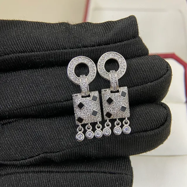 Gold Silver Pavé-Set Geometric Square Motif Earrings 2