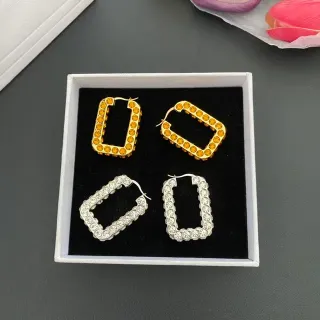 Gold Silver Rectangular Hoop Pavé Crystal Earrings