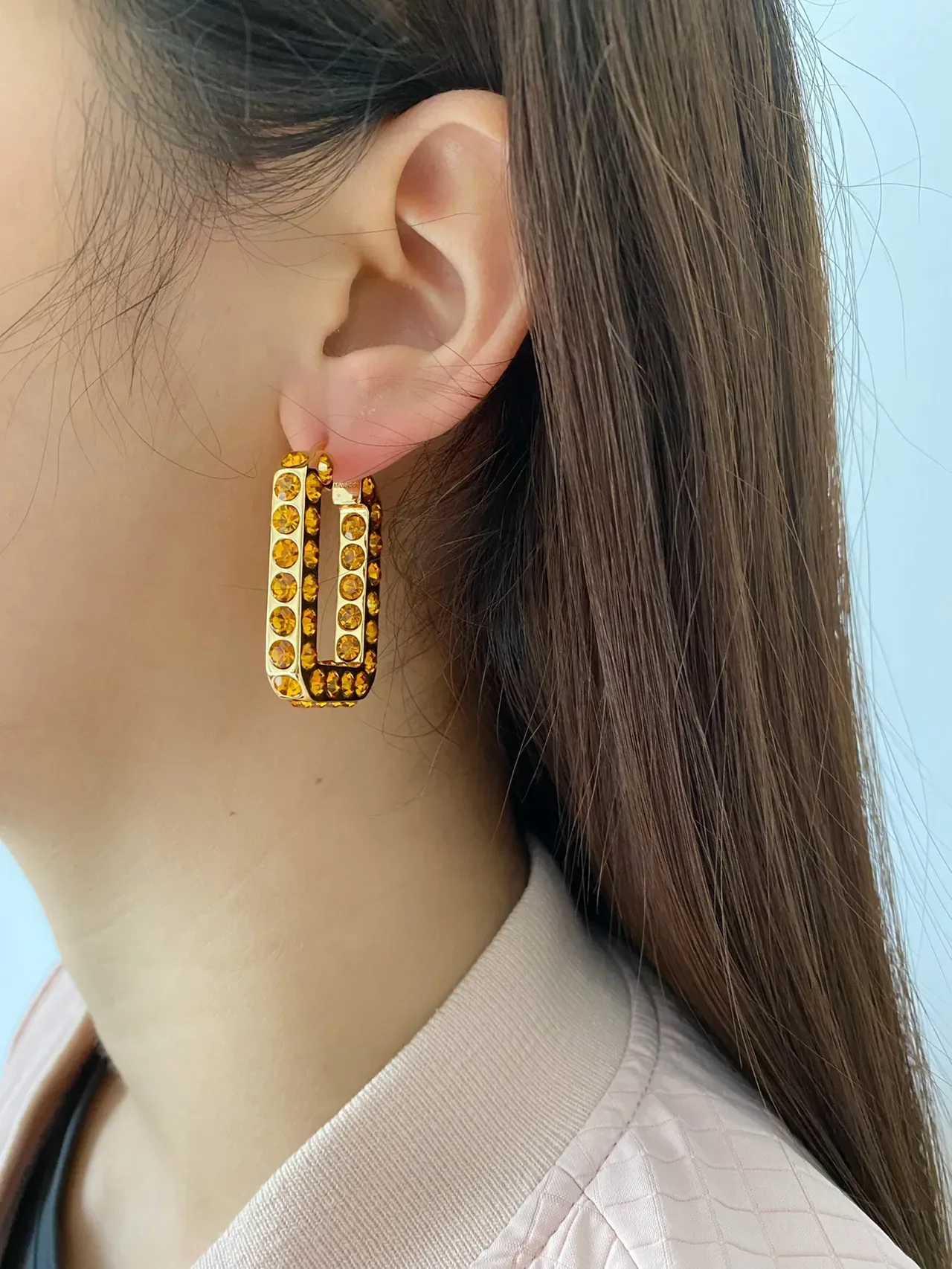 Gold Silver Rectangular Hoop Pavé Crystal Earrings 3