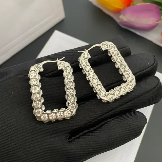 Gold Silver Rectangular Hoop Pavé Crystal Earrings 5