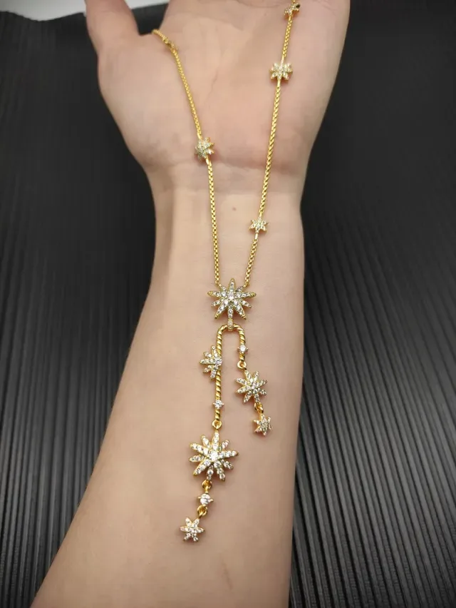 Gold Silver Starburst Pendant Design Dangling Multi-Tiered Stars Necklace 4