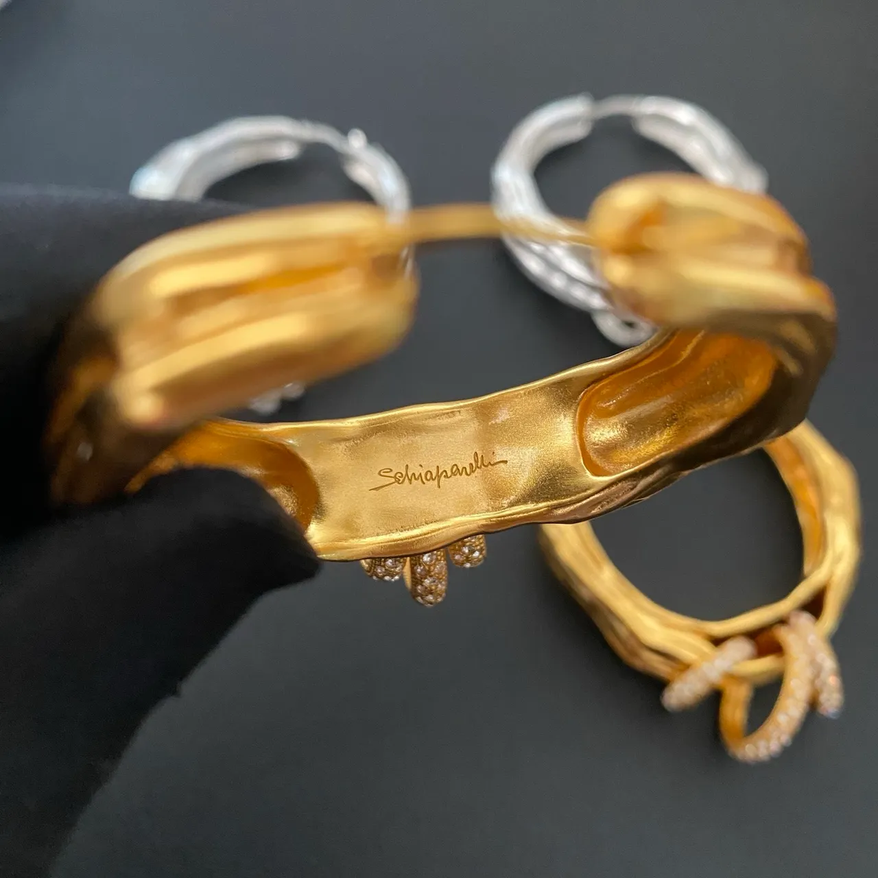 Gold Silver Textured Organic Hoop Pavé-Set Dangling Bars Earrings 2