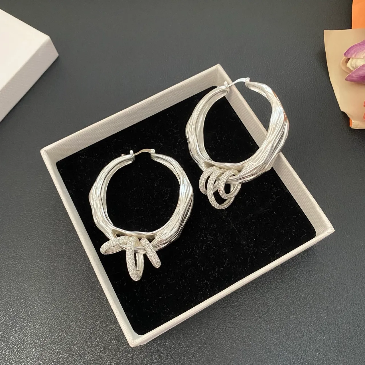 Gold Silver Textured Organic Hoop Pavé-Set Dangling Bars Earrings 6