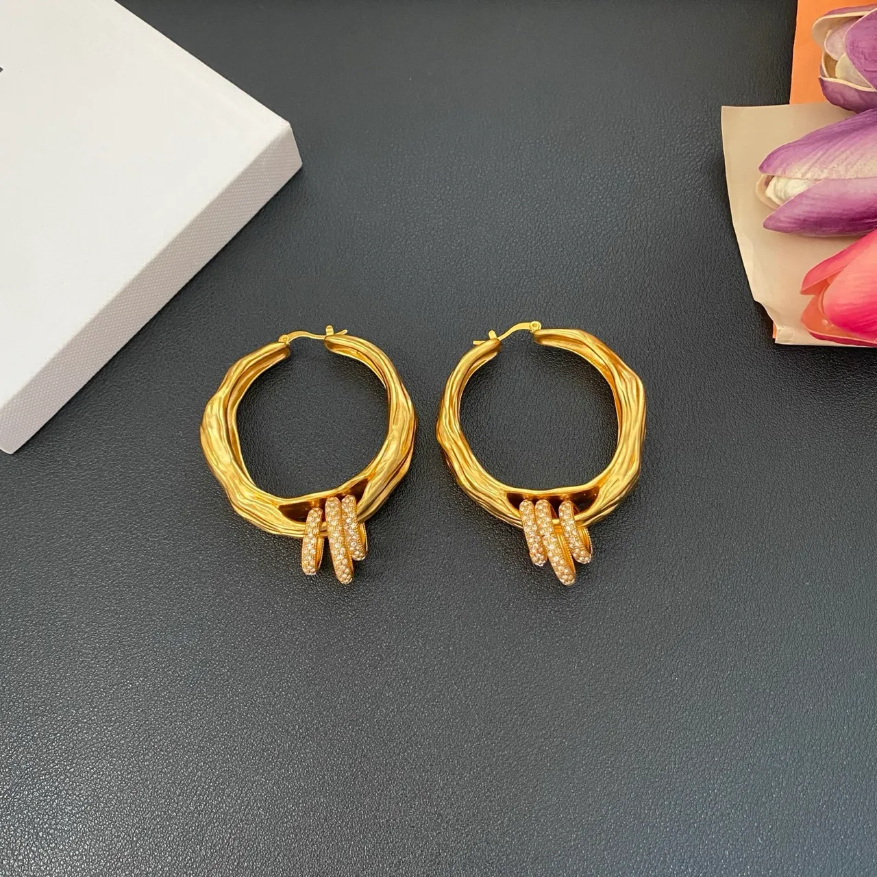 Gold Silver Textured Organic Hoop Pavé-Set Dangling Bars Earrings 7