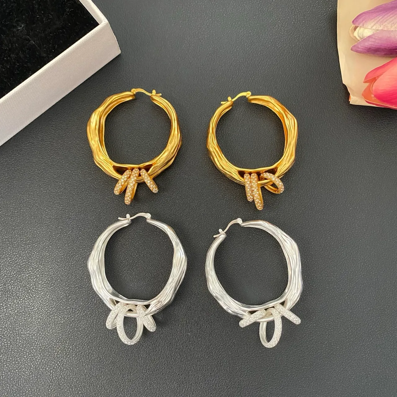 Gold Silver Textured Organic Hoop Pavé-Set Dangling Bars Earrings 8