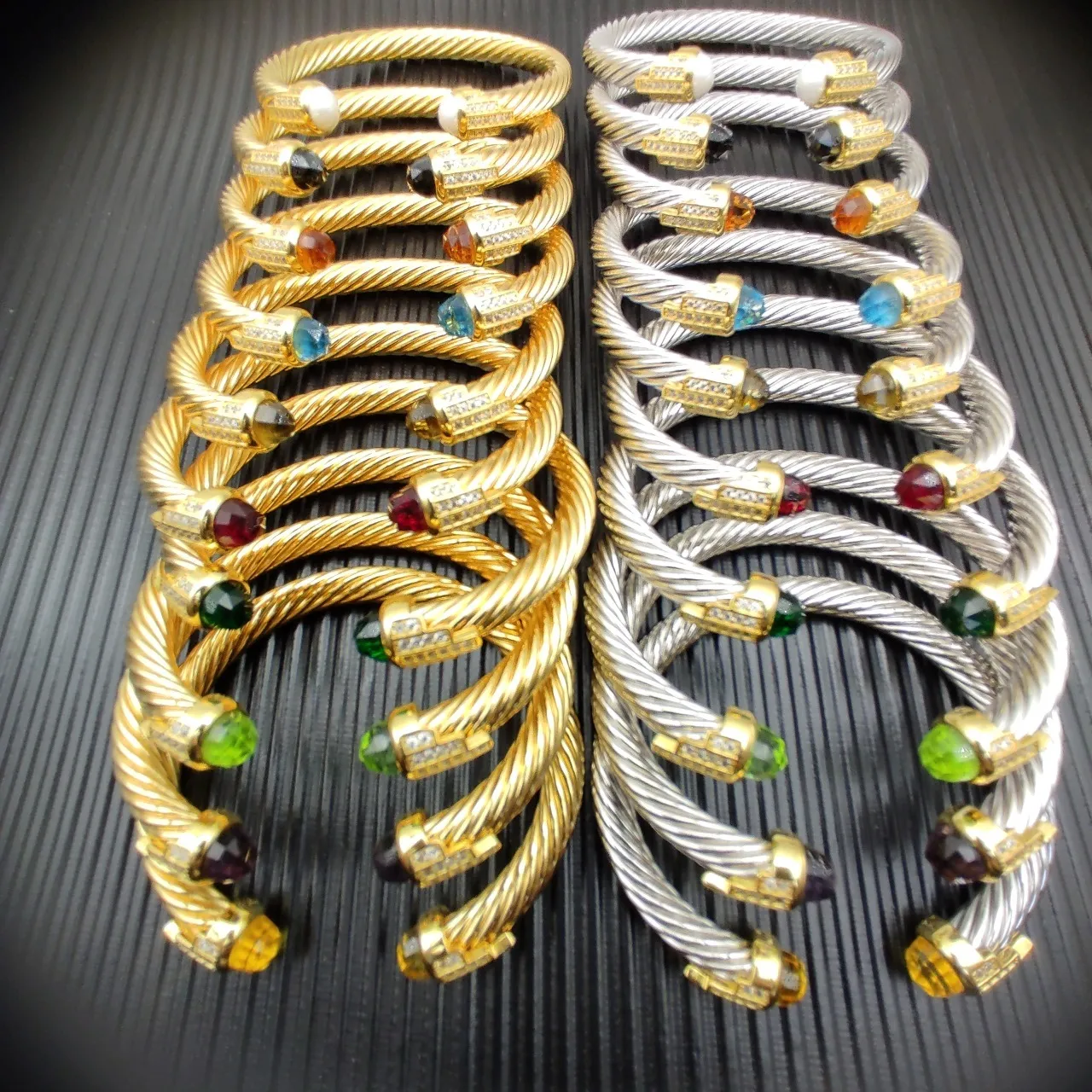 Gold Silver Twisted Cable Wire Pavé-Set Clear Crystals Bracelet 2