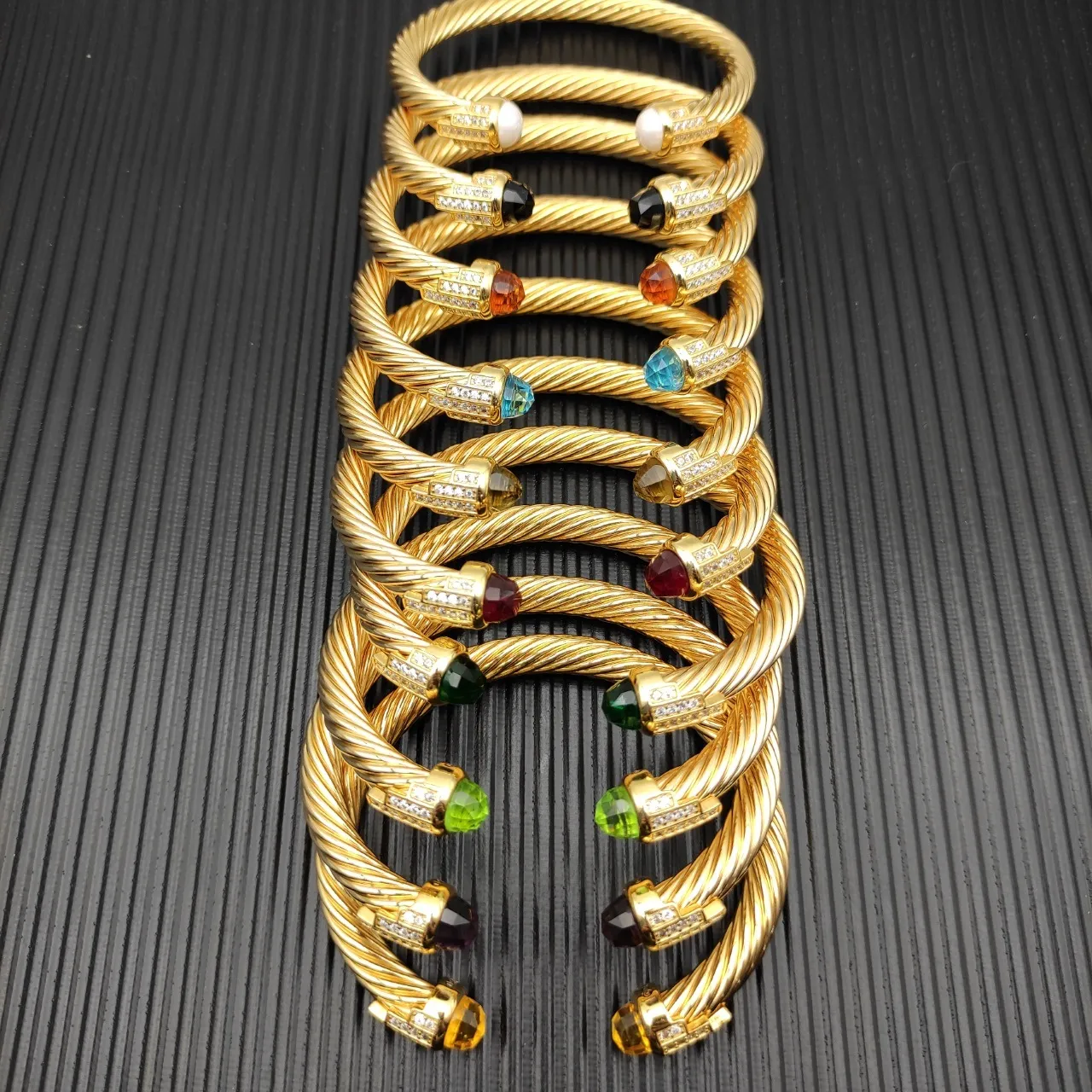 Gold Silver Twisted Cable Wire Pavé-Set Clear Crystals Bracelet 4