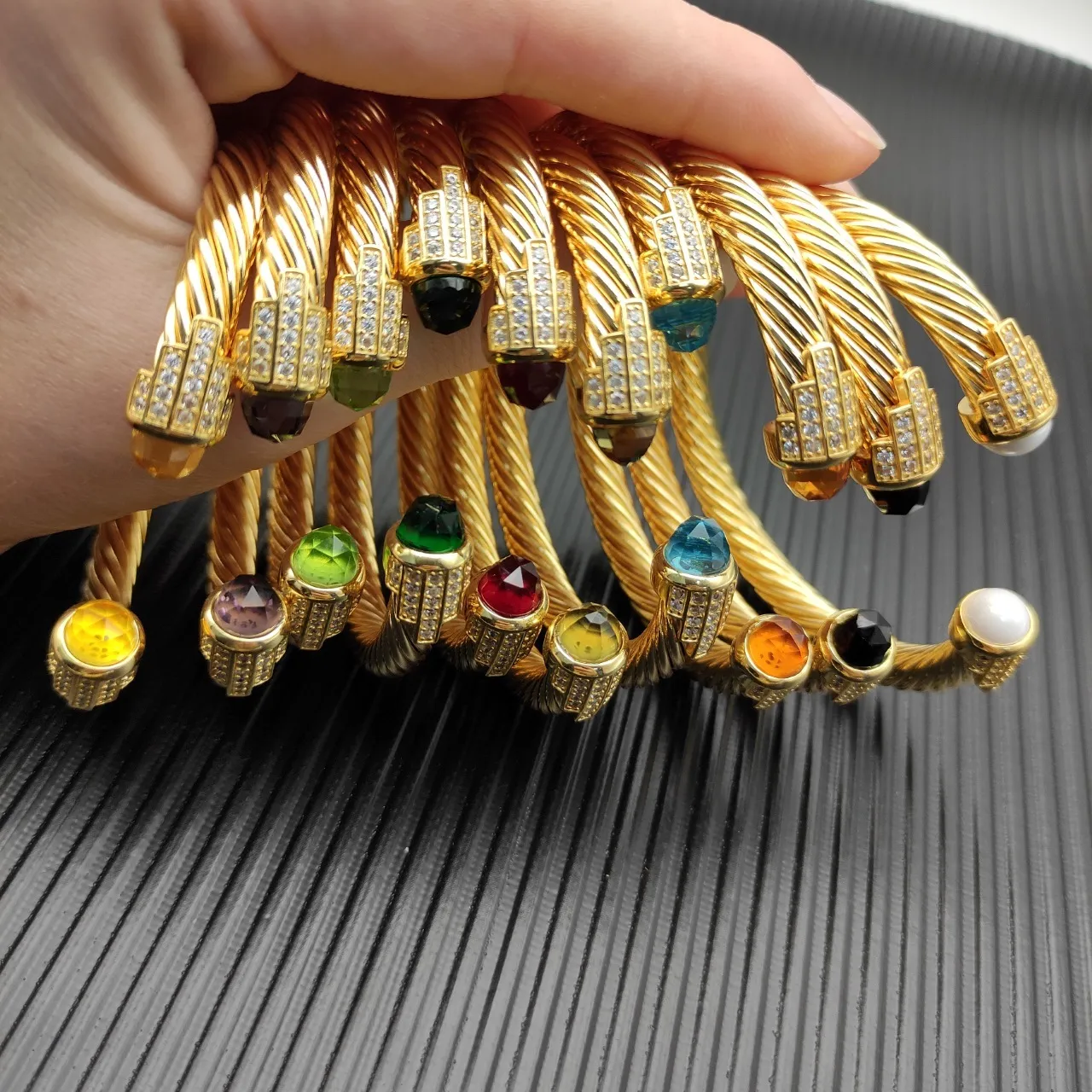 Gold Silver Twisted Cable Wire Pavé-Set Clear Crystals Bracelet 5