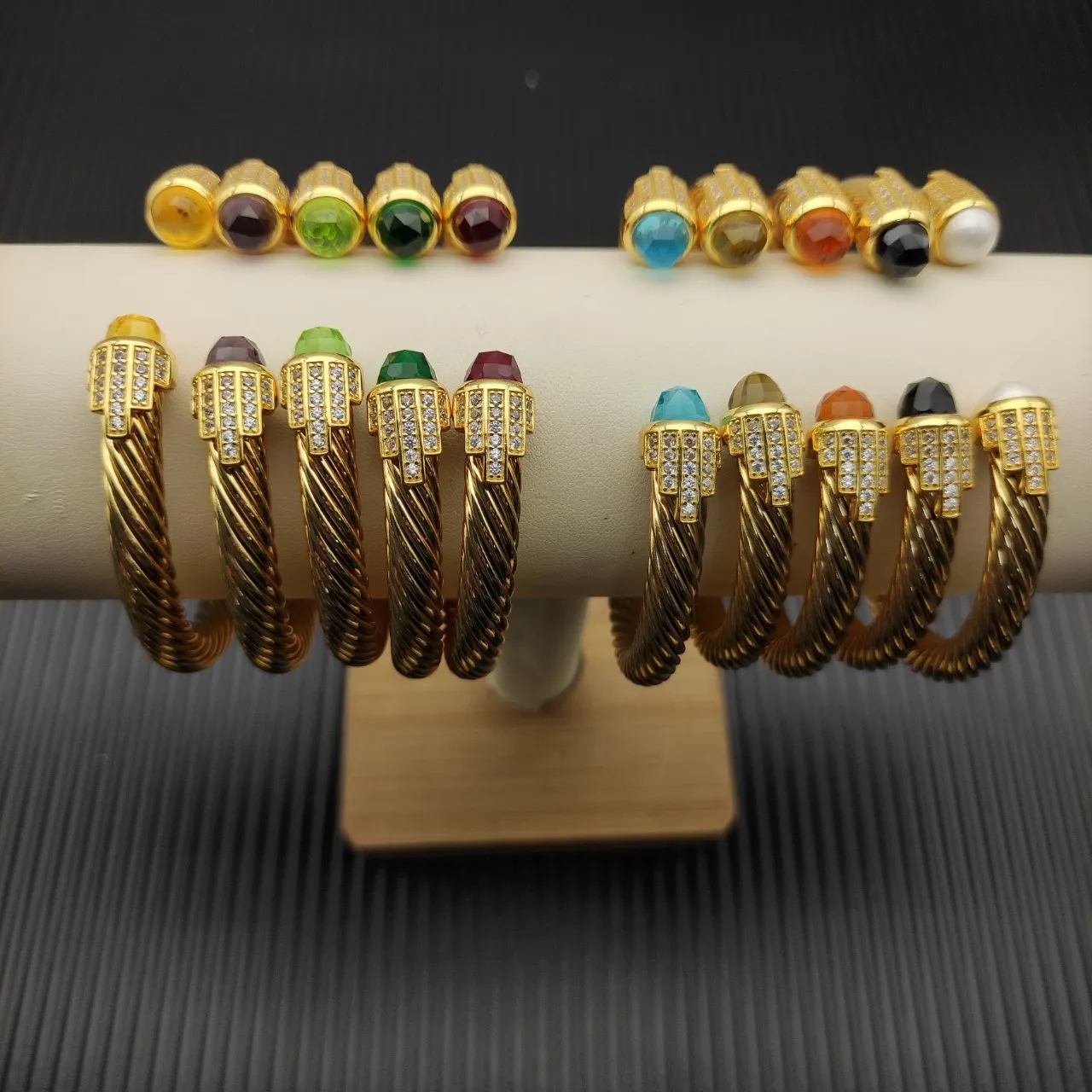 Gold Silver Twisted Cable Wire Pavé-Set Clear Crystals Bracelet 6