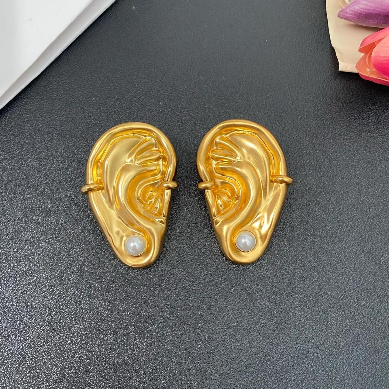 Gold-Tone Anatomical Ear Pearl Earrings 5