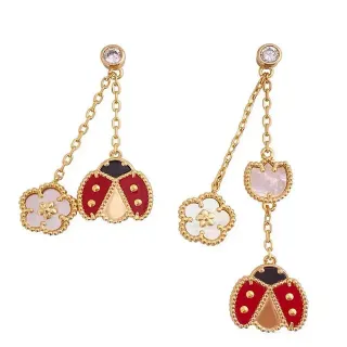 Gold-Tone Enamel Ladybug and Mother-of-Pearl Flower Chain Dangle Earrings