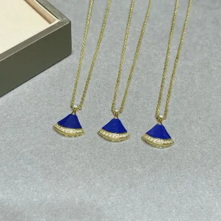 Gold-Tone Fan-Shaped Blue Enamel and Crystal Pendant Necklaces