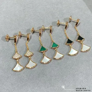 Gold-Tone Fan-Shaped Layered Mother-of-Pearl and Malachite Dangle Earrings