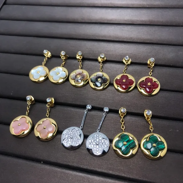 Gold-Tone Floral Quatrefoil Inlay Dangling Earrings 3