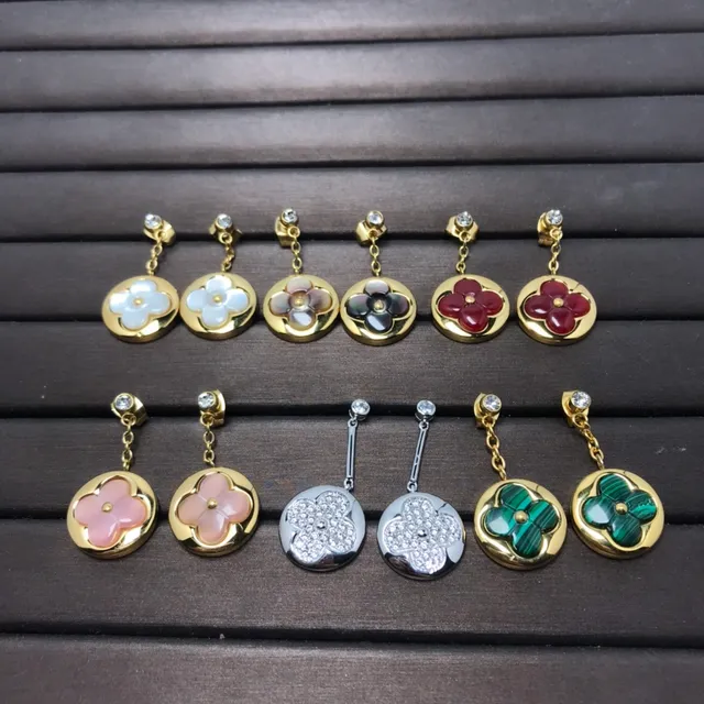 Gold-Tone Floral Quatrefoil Inlay Dangling Earrings 4