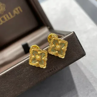Gold-Tone Flower Quatrefoil Green Inlay Stud Earrings