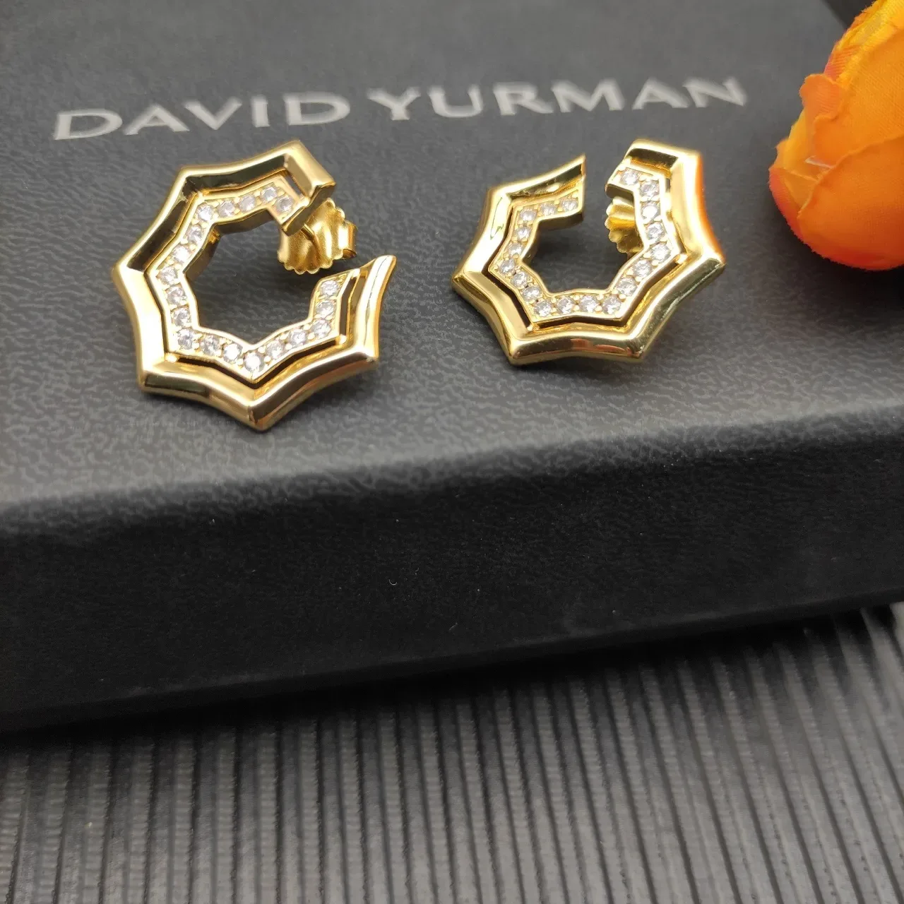 Gold-Tone Geometric Pavé Crystal Open Hexagonal Hoop Earrings 6
