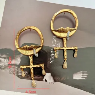 Gold-Tone Lips and Cross Motif Crystal Drop Earrings
