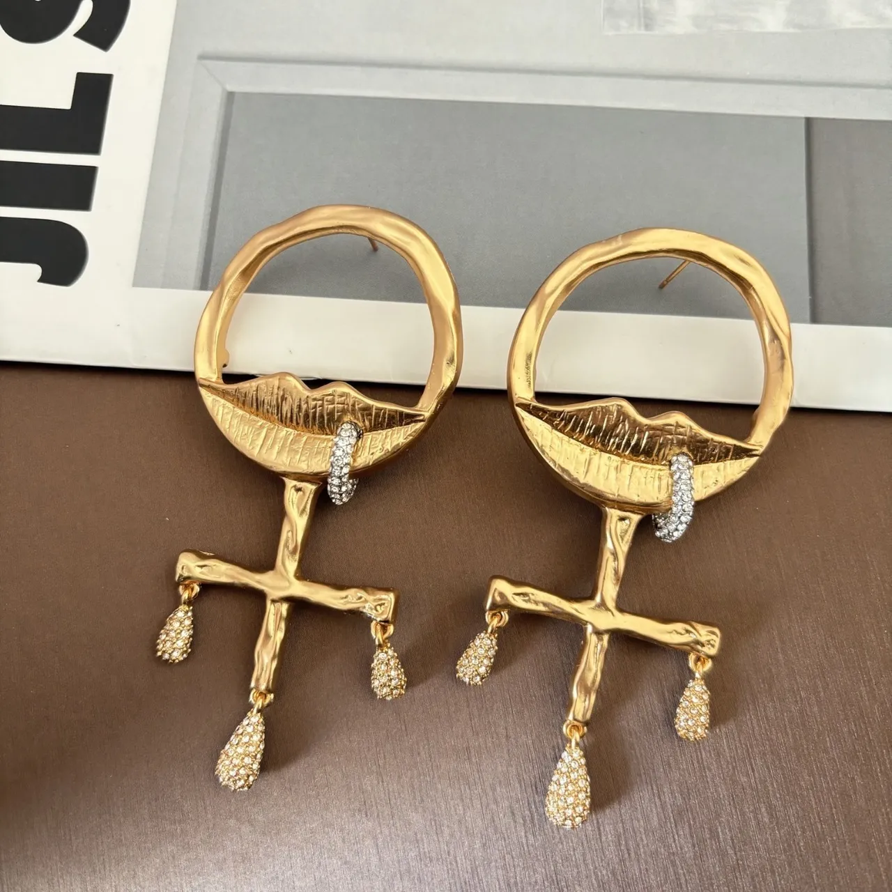 Gold-Tone Lips and Cross Motif Crystal Drop Earrings 2